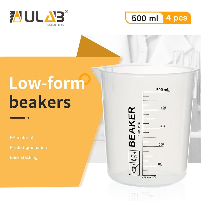 ULAB Scientific Stackable Graduated Plastic Beakers, 4pcs of Vol.500ml(16.9oz), with Easy-to-Read Printings in Black, UBP1025 - Image 2